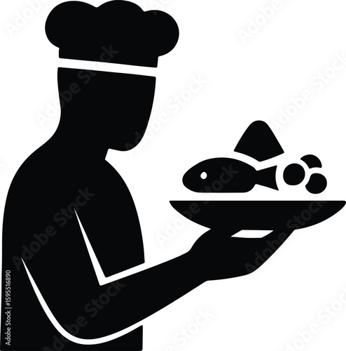 Silhouette chef with fish dish vector illustration