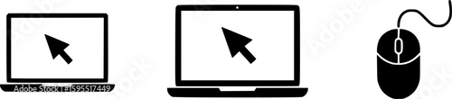 Set of laptop with computer mouse vector icons. Monitor with pointer or cursor. Notebook and arrow. Vector 10 Eps.

