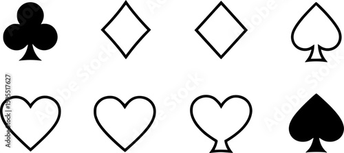Set of playing card vector icons. Gambling game. Four card. Black outline icons.

