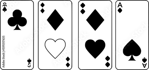 Set of playing card vector icons. Gambling game. Four card. Black outline icons.
