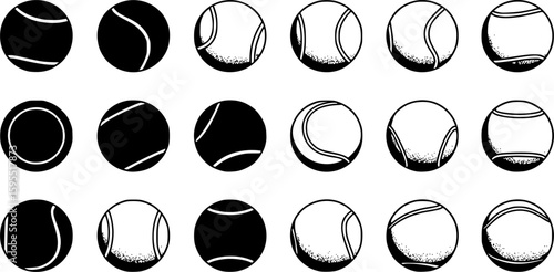 Set with tennis balls vector icons. Tennis balls black and yellow collection. Sport game.
