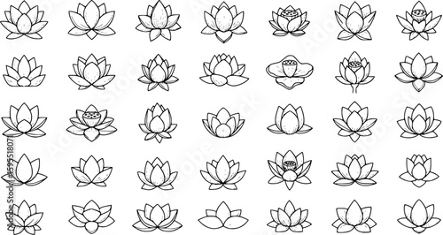 Set of lotus flowers vector icons. Relax, calm and harmony symbol. Black line icons.
