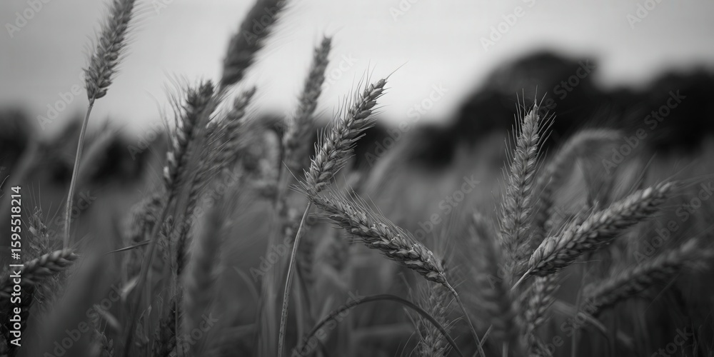 Obraz premium Close-up of wheat stalks in a field on a summer day, in black and white.