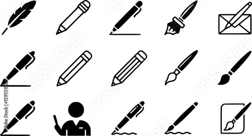 Feather pen, pencil, pen and paintbrush write vector icons set. Write letter. Vector 10 Eps.
