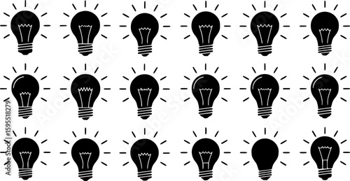 Set of light bulb vector icons. Black icons lamps or bulb and rays. Lightbulb. Symbol for idea and science.
