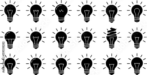 Set of light bulb vector icons. Black icons lamps or bulb and rays. Lightbulb. Symbol for idea and science.

