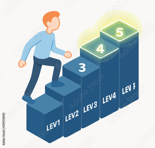 Isometric Cartoon Style Illustration of Man Climbing Stair Steps Graphic