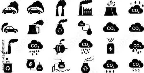 Set of co2 emission vector icons. Cloud with carbon dioxide. Reduce pollution air. Reduction exhaust or smoke.
