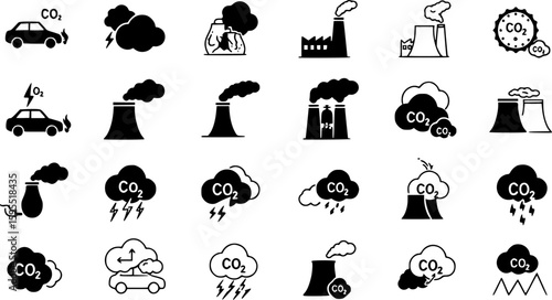 Set of co2 emission vector icons. Cloud with carbon dioxide. Reduce pollution air. Reduction exhaust or smoke.
