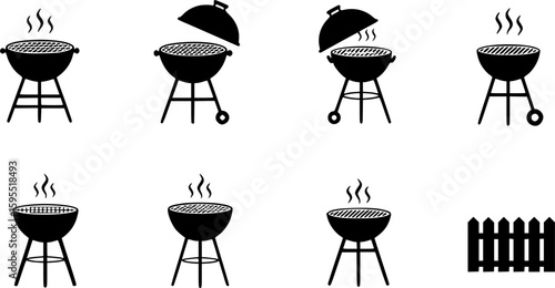 Set of grill vector icons. BBQ with lattice. Barbecue with cover and smoke. Black silhouette BBQ grill. Cook on backyard.
