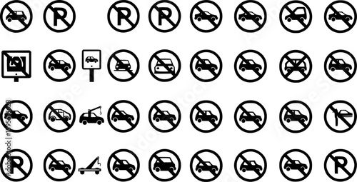 Set of no parking road vector signs. Tow car away icons. Warning traffic sign. Vector 10 Eps.
