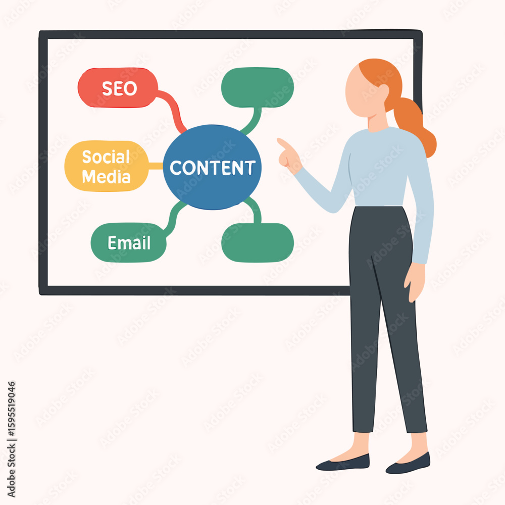 Flat Style Woman Presenting Content Strategy on Whiteboard Illustration Flat Style Woman Presenting Content Strategy on Whiteboard Illustration