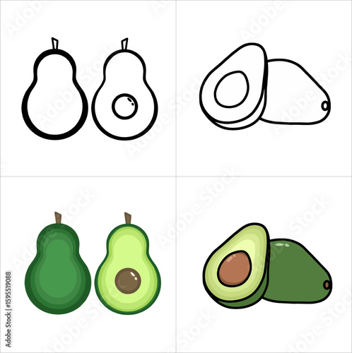 Avocado icon set with line and colorful design. Suitable for element graphic design or kids coloring book