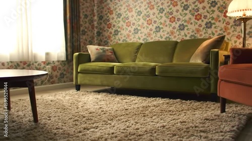Colorful Retro Living Room with Green Sofa and Patterned Wallpaper