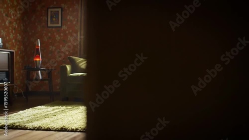 Moody Living Room Scene with Green Sofa and Low Lighting