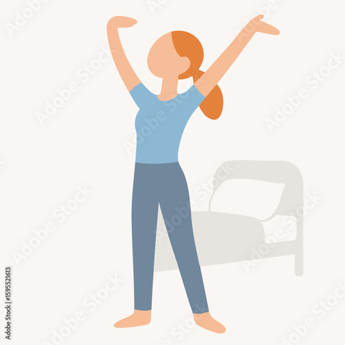 Flat Style Daily Routine Woman Stretching After Wake Up Illustration