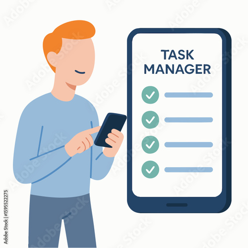 Flat Illustration Man Using Mobile Phone Task Manager Application