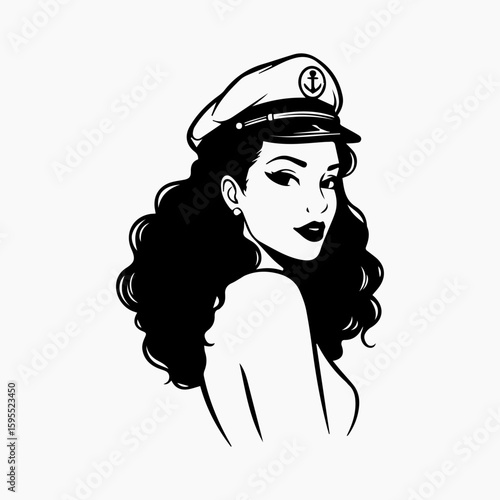 Elegant woman with curly hair wearing a captains hat in black and white.