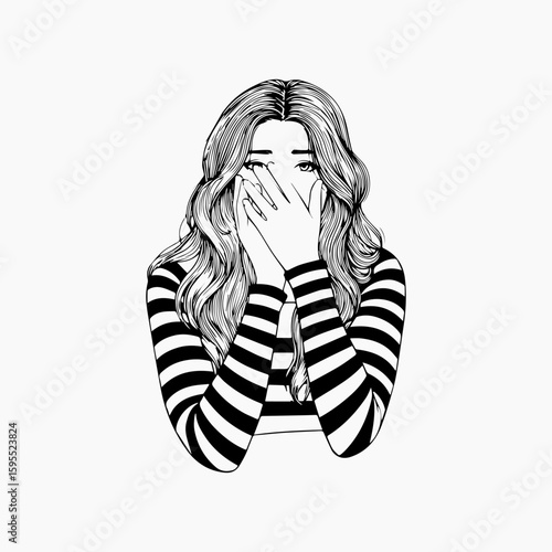 Illustrated woman with wavy hair and striped shirt covering her face.