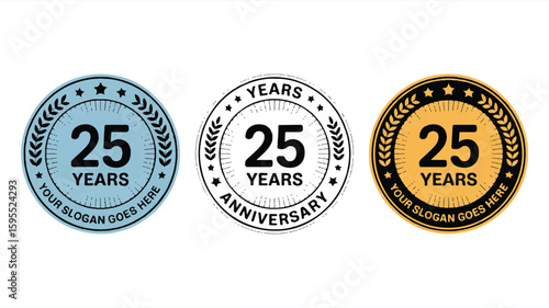 Three circular 25th anniversary badges in blue black and gold