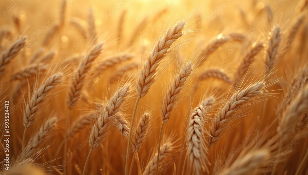 Fototapeta premium Golden wheat field with intricate wind patterns visible under warm sunlight. Close-up detailed view of grain texture, arid summer or autumn landscape, representing agriculture and harvest.