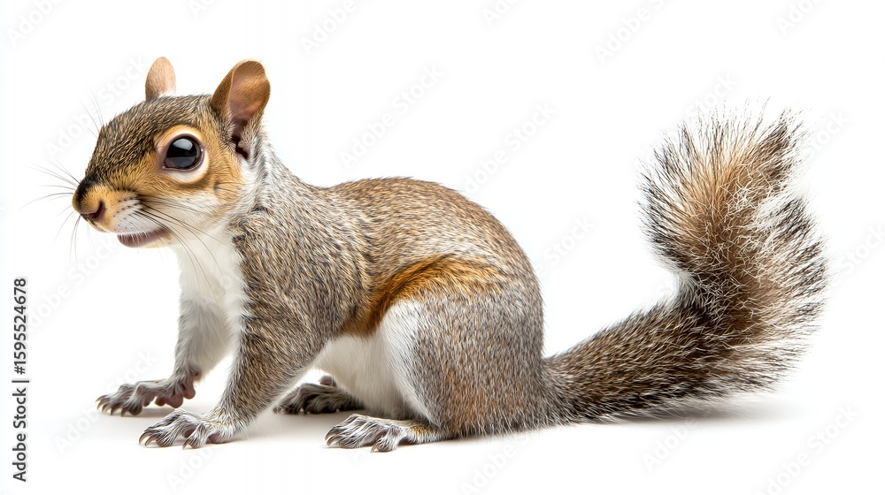 Obraz premium Studio shot alert grey squirrel posing, white background, wildlife