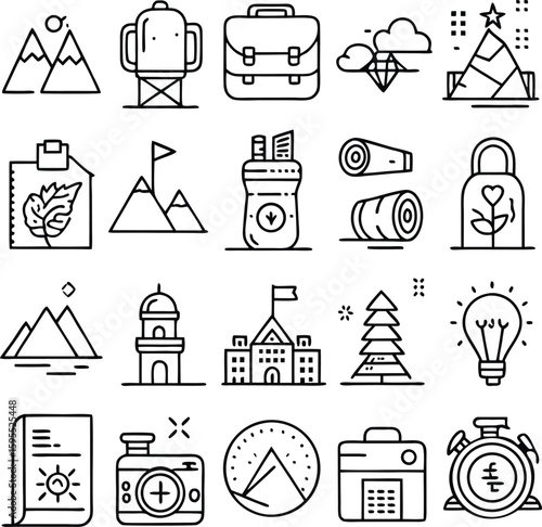 Collection of Outline Icons Representing Travel Adventure and Business
