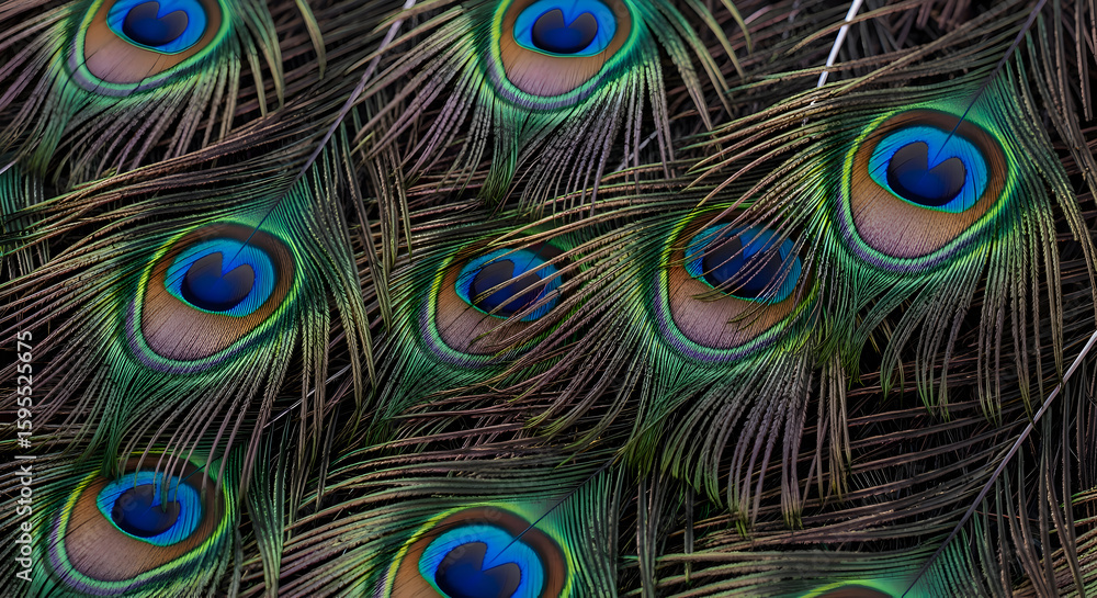 Obraz premium A close up of many peacock feathers with their iridescent eye spots filling the entire frame tightly