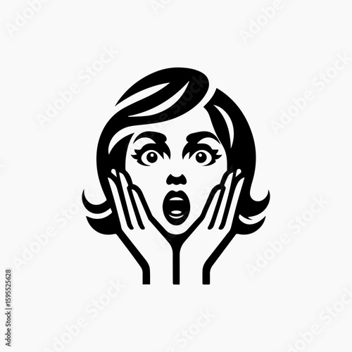 Shocked Woman with Hands on Face Black and White Illustration.