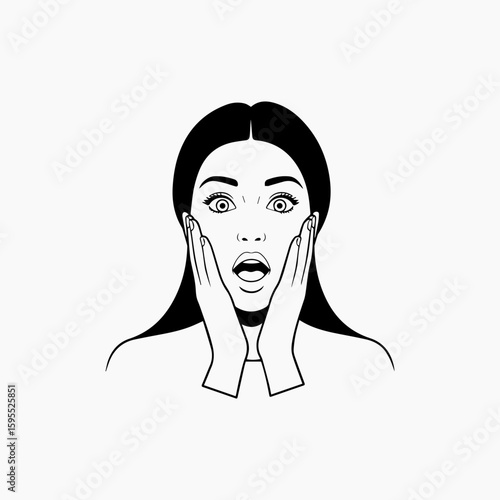 Shocked Woman with Wide Eyes and Open Mouth Holding Her Face.