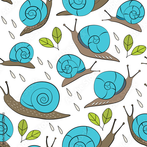 Seamless pattern with blue snail on white background. Cute snails. Vector illustration for greetings, wallpaper, textile, apparel, wrapping paper, baby fabric. Kids texture in cartoon style. Mollusks.