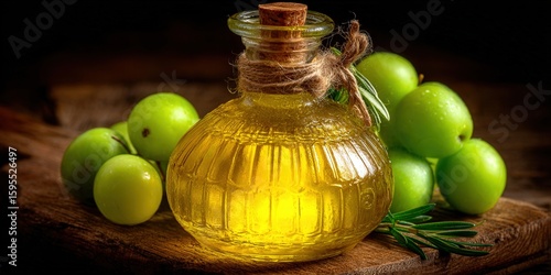 A bottle of amla oil sits next to fresh green amla fruits, promoting health and wellness.