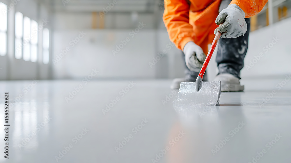 Obraz premium Applying Coating: Worker meticulously applies a smooth, reflective coating to a large floor surface in a bright, industrial setting.