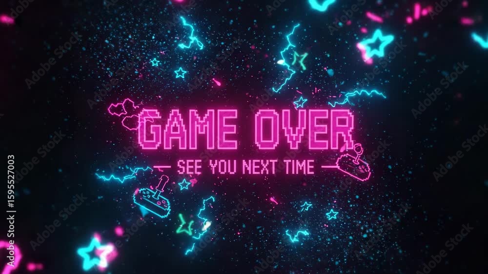 Neon 'game over' message with pixel art and animated elements สต็อก ...