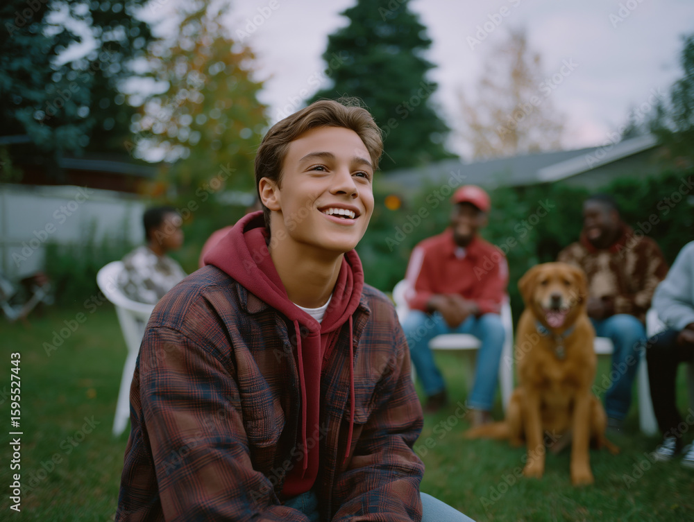 Obraz premium Young man with brown hair is smiling joyfully while sitting on grass in a backyard, surrounded by friends and a golden retriever, capturing a moment of happiness and connection