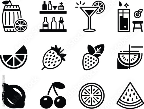 Collection of stylized icons representing alcoholic beverages and fruits
