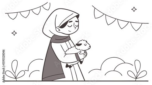 A black and white line drawing of a Muslim woman in a hijab lovingly holding a small lamb under festive banners.