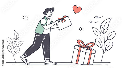 A man happily holding a gift box with a red ribbon, surrounded by plants and a heart symbol.