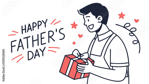 An illustration of a happy man holding a gift box for Father's Day celebration with decorative elements.