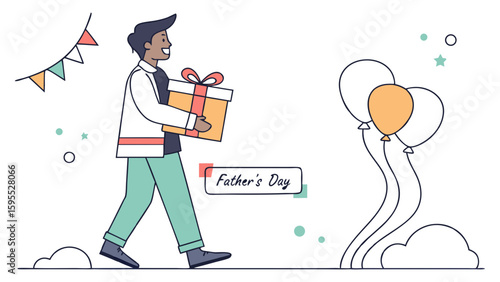 A man walks with a gift box, celebrating Father's Day with balloons and decorations.