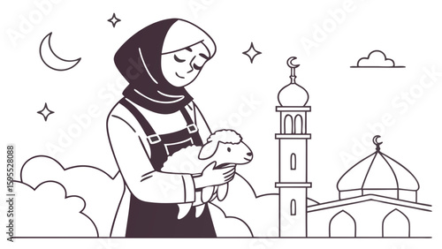 Illustration of a woman in hijab holding a lamb with a mosque in the background, celebrating Eid al-Adha.