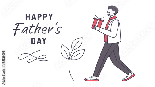 A man walks with a gift box in his hand, celebrating Father's Day with a plant and text.