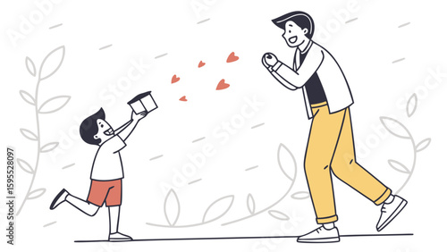 A happy young boy presenting a gift box to an excited adult man, surrounded by floating hearts.