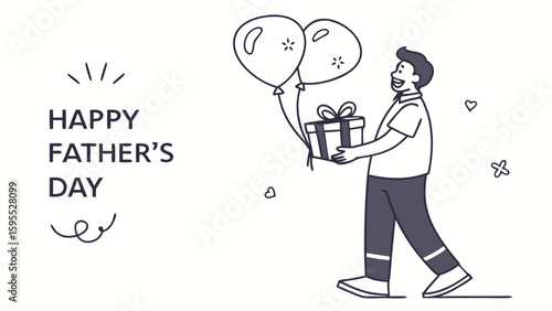 A man happily walking while holding a gift box and balloons, celebrating Father's Day.