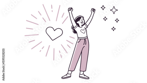 An illustration of a happy woman celebrating with a glowing heart and sparkling stars, symbolizing joy and success.