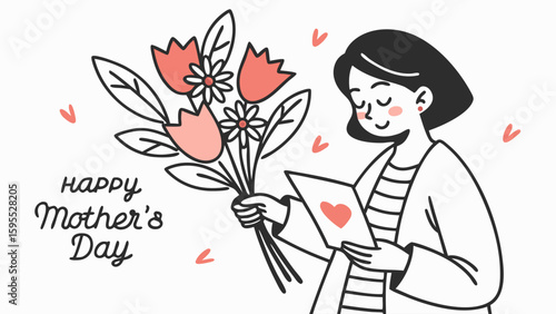 A woman holding flowers and a card with a heart, celebrating Mother's Day.