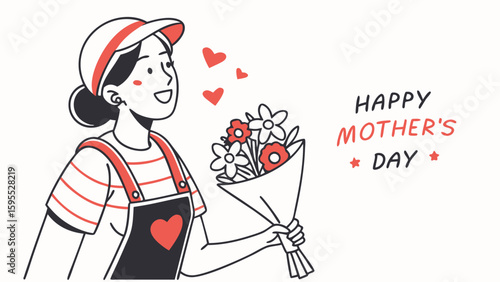 A smiling woman in overalls and a cap holds a bouquet of flowers, with hearts floating around her, celebrating Mother's Day.