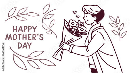 A person holding a bouquet of flowers and smelling them with hearts floating around, with the text "Happy Mother's Day" on the side.