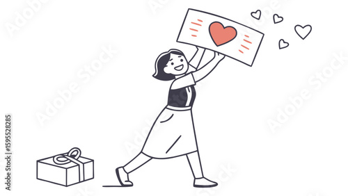 A smiling young woman joyfully holds up a large card with a heart on it, with a gift box nearby.