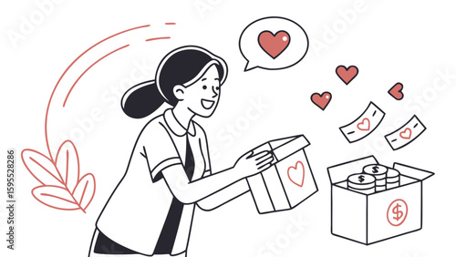 A smiling woman opening a gift box, with hearts and money flowing into another box, symbolizing donation and generosity.
